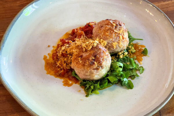Chicken Meatballs, Fried Garlic and Oil Cured Tomato paired with 2018 Hedges Family Estate Red Blend